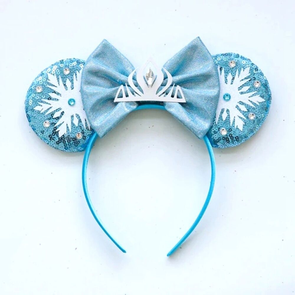 Handmade Frozen Elsa Ears – Blue Iridescent Fabric Bow, Sequins & Rhinestones